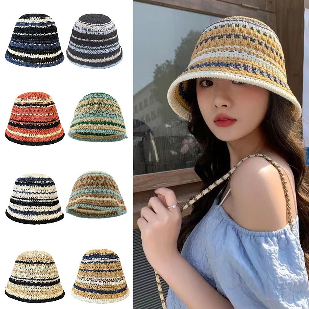 Bucket Hat Straw - Chapeau Bob en Crochet Rayé Tricoté